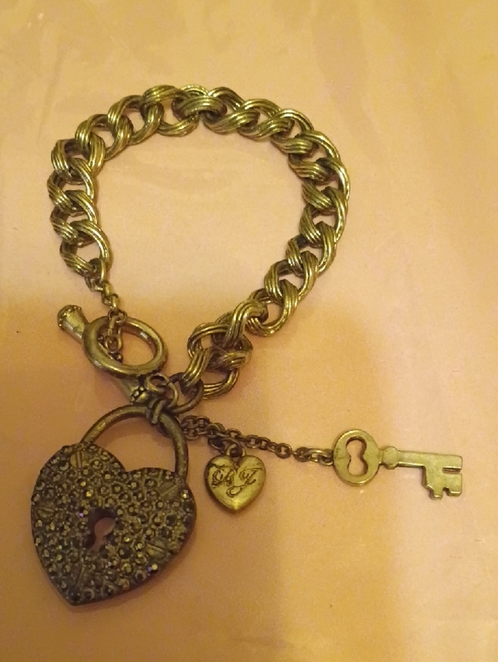 Betsey Johnson Gold Heart Padlock & Key Charm Bracelet